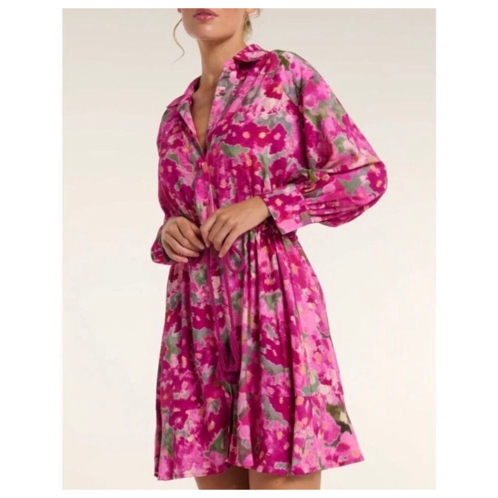 Hermoza Rebecca Collared Mini Dress Large Pink Floral Ikat Collared Tassel Waist